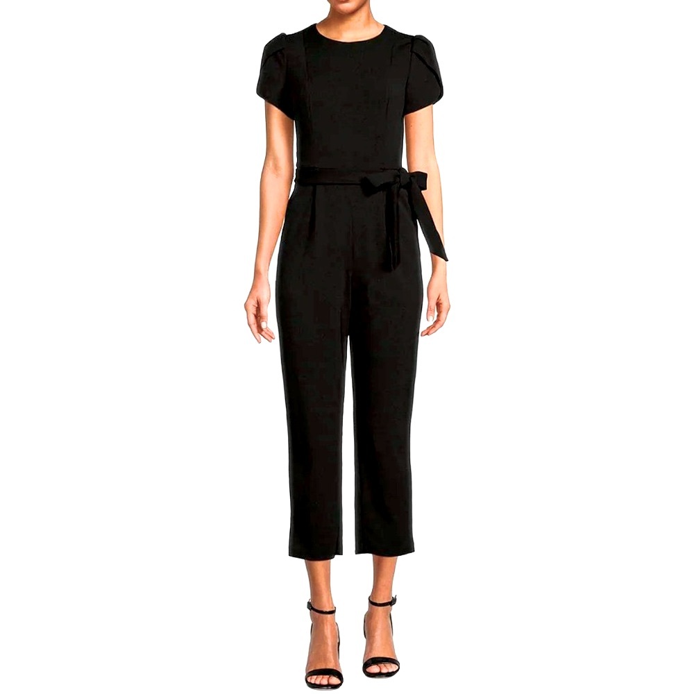 Calvin Klein - Short Sleeve Crew Neck Tie Waist Scuba Crepe Jumpsuit